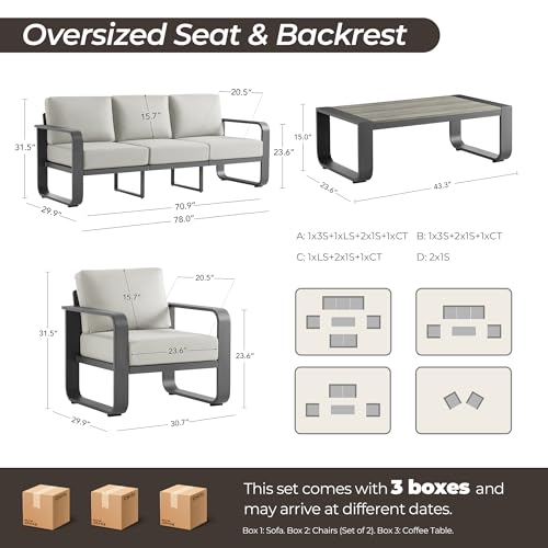 CHITA Outdoor Furniture Set 4 Piece, 5-Seats Patio Conversation Set with 6.3in Thick Cushions & 100% Aluminum Frame & Coffee Table, Modern Outdoor Patio Furniture Sofa Set for Poolside, Deck, Balcony