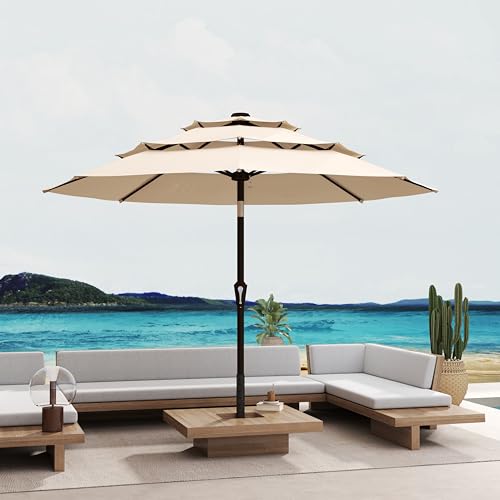 Patio Kingdom 10FT Patio Umbrella 3 Tiers Outdoor Market Umbrella w/Push Button Tilt, Crank, UV and Waterproof Table Umbrella for Garden, Pool, Backyard, Deck, Lawn, Beige