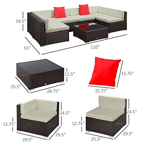 Outsunny 7 Piece Patio Furniture Set, Wicker Outdoor Sectional Sofa Set, All Weather PE Rattan Outdoor Furniture Conversation Sets with Cushions, Glass Top Coffee Table, Pillows, Cream White