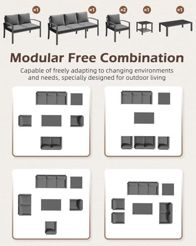 U-MAX Aluminum Patio Furniture Set 7 Seats, Modern Furniture Clearance with Coffee Table & Side Table, Patio Conversation Sets with Deep Cushions for Lawn, Garden, Porch, Balcony, Dark Grey