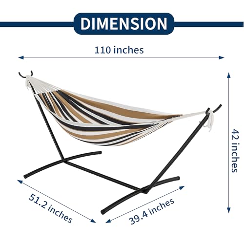 Double Hammock with Steel Stand - 2 Person Hammock Bed Indoor Outdoor, Brazilian-Style, with Carry Bag, 450lb Capacity, Portable & Easy Assembly, Coffee