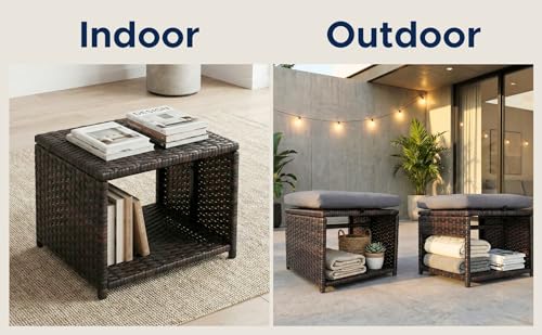 EZ Pro Goods Outdoor Storage Ottoman (Set of 2) - All-Weather Wicker Patio Footstool with Washable Cushions - Sturdy Rattan Foot Rest & Hidden Box for Deck, Porch, Backyard & Balcony