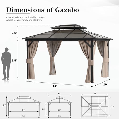 YOLENY 10'x13' Hardtop Gazebo, Outdoor Polycarbonate Double Roof Canopy, Aluminum Frame Permanent Pavilion with Curtains and Netting, Sunshade for Garden, Lawns, Patio