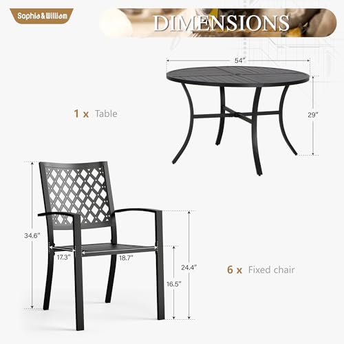 Sophia & William Round Patio Table and Chairs Set, Outdoor Dining Set for 6, 7 Piece Metal Patio Furniture, 54" Black Table(Diamond)