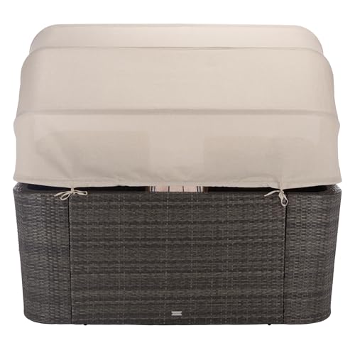 SAFAVIEH Outdoor - Victoria Grey Brown & Taupe Double Daybed, Rattan Canopy Lounger with Reversible Cushions, Cup Holders, Patio Furniture for Deck, Backyard, Poolside (PAT7759A)