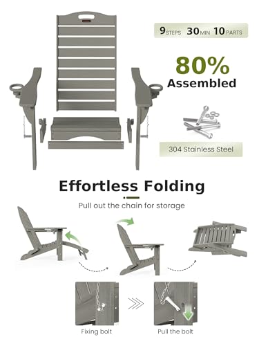 Ciokea Folding Adirondack Chair with Retractable Ottoman Fire Pit Patio Chair with Pull Out Foot Rest Weather Resistant Lawn Outdoor Lounge Chair with 2 Cup Holder (Grey)
