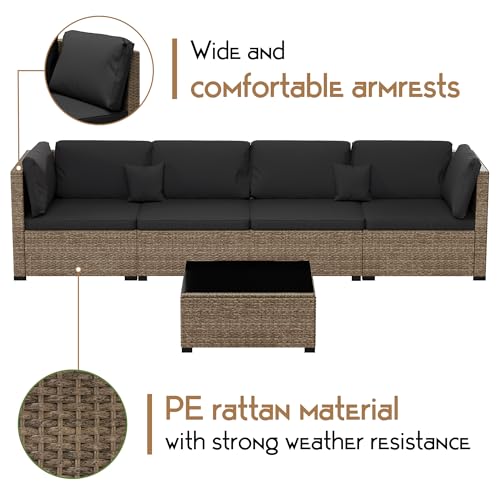 LHBcraft 7 Pieces Outdoor Furniture Set, Wicker Furniture Patio Conversation Sets with Tea Table and Thickened Black Cushions, Outdoor Patio Sectional Sofa for Garden, Poolside, Backyard