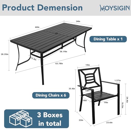 VOYSIGN 7 Piece Outdoor Patio Dining Sets, 60" Rectangular Metal Dining Table with Umbrella Hole & 6 Stackable Metal Chairs, Weather Resistant Garden Furniture Set for Backyard, Deck, Porch