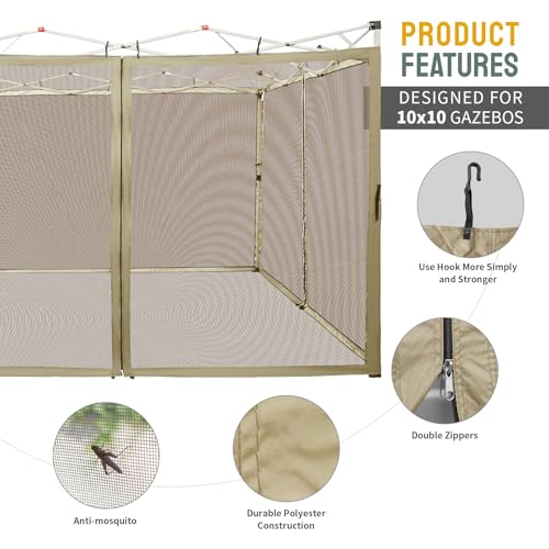 CROWN SHADES Gazebo Mosquito Net Only for 10 x 10 Pop Up Canopy - Patio Gazebo Replacement Mesh Sidewall with Zipper for Outdoor Tent, Garden and Backyard (4-Piece,Khaki)