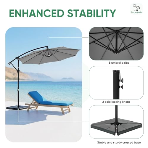 NEWBULIG 10FT Patio Umbrella with Base Included, Offset Cantilever Outdoor Patio Table Umbrella, UV Protection, Fade Resistant Fabric, Easy Tilt Adjustment for Pool, Deck, Garden, Backyard, Gray
