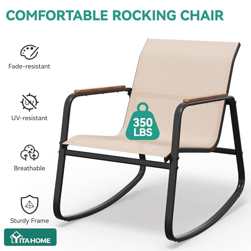 YITAHOME 3 Piece Outdoor Rocking Bistro Set, Textilene Patio Furniture Set with Wooden Armrests, Porch Chairs Set with Glass Table for Garden, Lawn, Poolside, Balcony, Beige