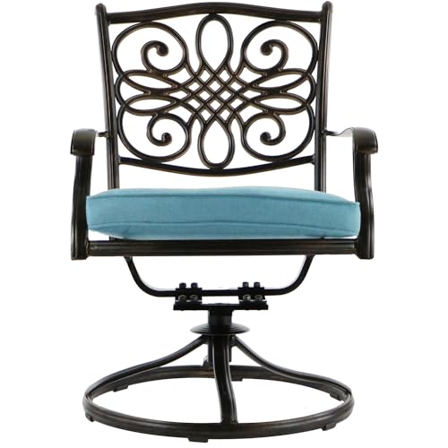 Hanover Traditions 9-Piece Rust Resistant Aluminum Outdoor Patio Dining Set with Blue Cushions, Swivel Rockers and Aluminum Square Dining Table, Outdoor Dining Set For 8