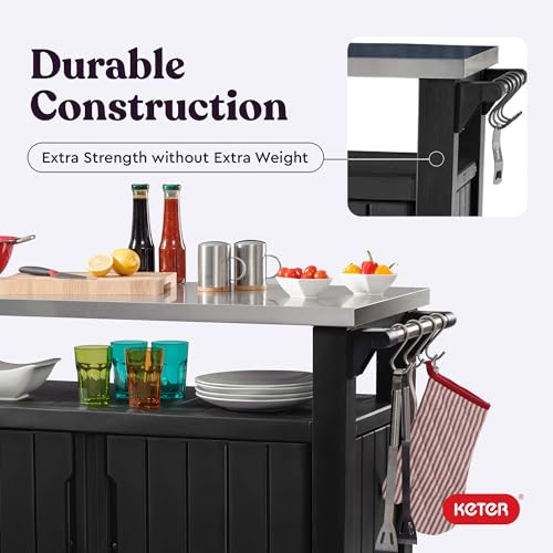 Keter Unity XL Portable Outdoor Table with Stainless Steel Top for Kitchen Prep and Outdoor Storage Cabinet for Grilling Accessories, Dark Grey