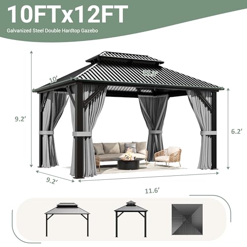 AirWire 10'x12' Gazebo Hardtop Gazebo, Aluminum Frame Pergola with Double Galvanized Steel Roof, Permanent Outdoor Metal Canopy with Curtain & Netting for Patio, Backyard, Deck, Dark Grey