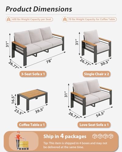 Aoxun Patio Furniture Set, 7 Piece Aluminum Patio Sets with 5" Thicken & Washable Cushion, Waterproof Outdoor Furniture with Coffee Table, Outdoor Couch Sectional for Backyard, Porch and Garden
