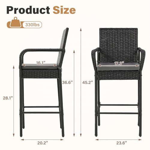 ECOTOUGE Patio Wicker Barstools Set of 4, Rattan Outdoor Bar Height Chairs with Armrest, Soft Cushion, Footrests, All-Weather Furniture for Backyard, Pool, Garden, Black