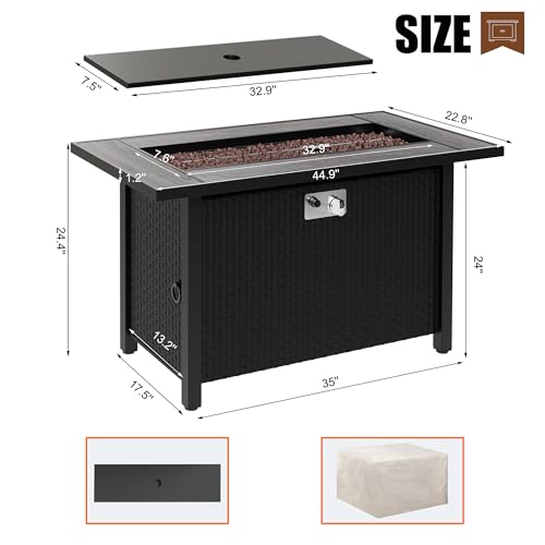 45 inch Propane Fire Pit Table, 50,000 BTU Outdoor Gas Fire Pit Table with Lid, Waterproof Cover, Rectangle Gas Firepit Table for Garden/Patio