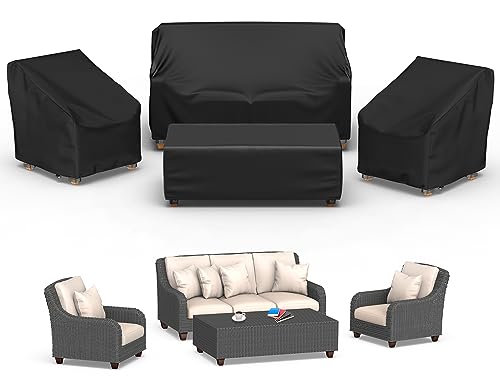 Mrrihand Patio Furniture Covers, 4 Piece Outdoor Furniture Cover Waterproof includ Ourdoor Sofa Cover, 2 Chair Covers, Coffee Table Cover with Windproof Buckle Strap and Adjustable Drawstring-Black