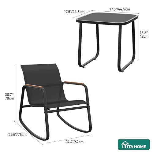 YITAHOME 3 Piece Outdoor Rocking Bistro Set, Textilene Patio Furniture Set with Wooden Armrests, Porch Chairs Set with Glass Table for Garden, Lawn, Poolside, Balcony, Dark Gray
