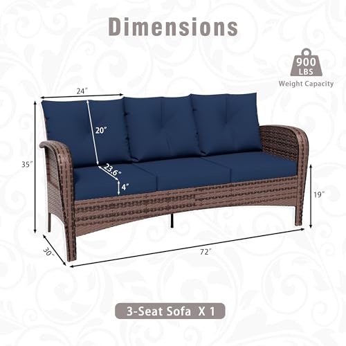 Qsoer Patio 3-Seater Sofa, PE Wicker Outdoor Lounge with Thick Removable Cushions, Rust-Proof Steel Frame, 900LBS Capacity, Blue
