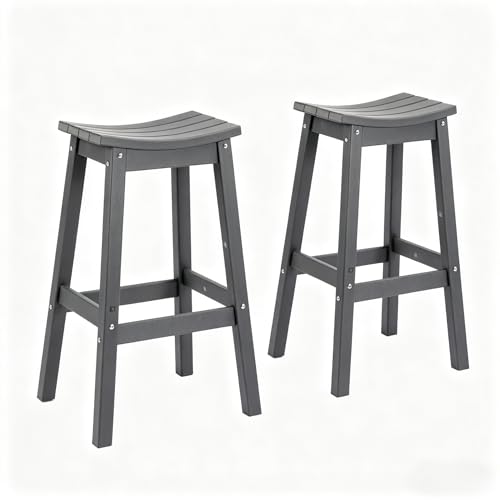 AMILY HDPE Bar Stool Set of 2, Outdoor Bar Height 29‘’, Heavy Duty All-Weather Patio Stool for Poolside, Backyard, Balcony, Easy Assembly (Grey)