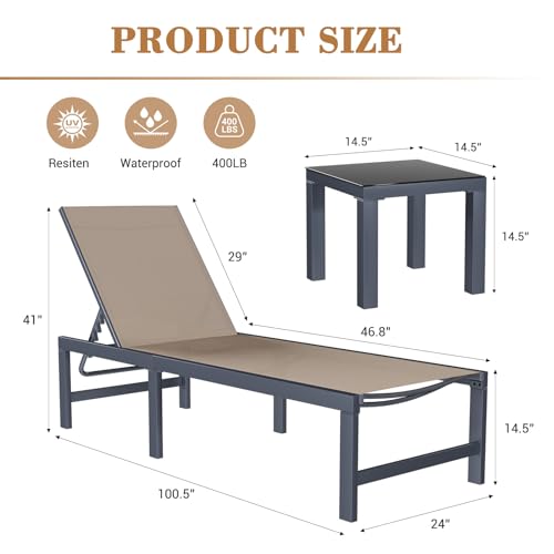 UDPATIO Outdoor Chaise Chairs & Table 3 Pieces Pool Lounge Chair, Poolside Sunloungers Lay Flat Sunbathing Chaise with Adjustable Backrest for Patio, Beach, Yard, Pool