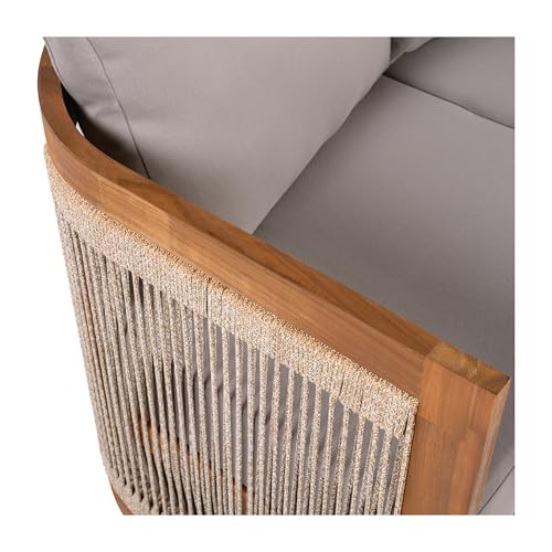 Christopher Knight Home Nesbit 4 Pieces Conversation Set, Acacia Wood Chat Set, Woven Rope Loveseat and Accent Chairs, Slat Panel Coffee Table, Patio Furniture Set for Backyard Balcony Garden, Gray