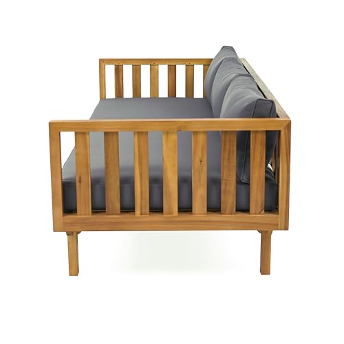 Christopher Knight Home Claremont Outdoor 3 Seater Acacia Wood Daybed with Fabric Water Resistant and Removable Cushions, Patio Garden Sofa with Slat Paneling Armrest and Back, Teak and Dark Grey