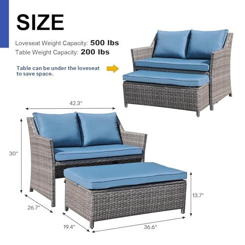 OC Orange-Casual 2-Piece Outdoor Patio Furniture Wicker Love-seat and Coffee Table Set, with Built-in Storage Bin, Grey Rattan, Navy Blue Cushions