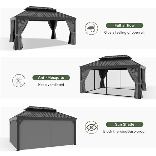Aoxun 12' X 16' Hardtop Gazebo with Drainage System, Aluminum Outdoor Gazebo with Galvanized Steel Double Roof, Patio Permanent Metal Pavilion with Netting, for Garden, Deckyard, Grey