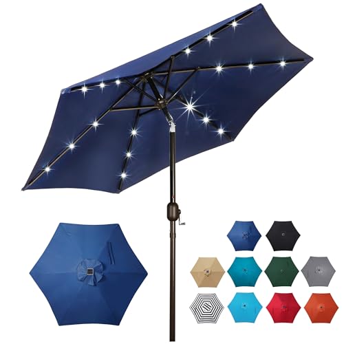 Blissun 7.5 ft Solar Umbrella, 18 LED Lighted Patio Umbrella, Table Market Umbrella, Navy Blue
