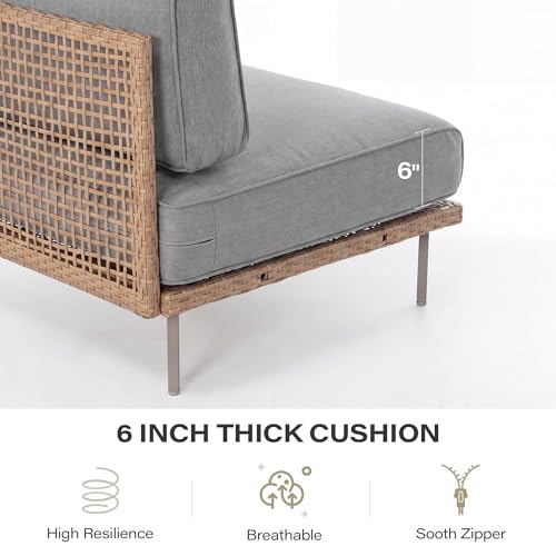 EO Living 5-Piece Modular Outdoor Patio Furniture Set, PE Rattan Sectional Conversation Sofa with Tempered Glass Table and Machine-Washable Cushions (Grey)