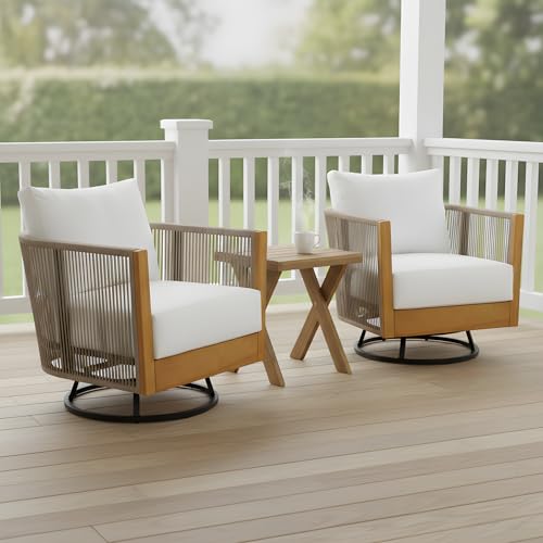 Christopher Knight Home Outdoor Swivel Rocking Chair Set of 2 with Cushion & Cross Base Side Table, Acacia Wood Patio Swivel Rocker Chair Set 360 Degree Porch Chairs for Backyard Balcony, Natural/Teak