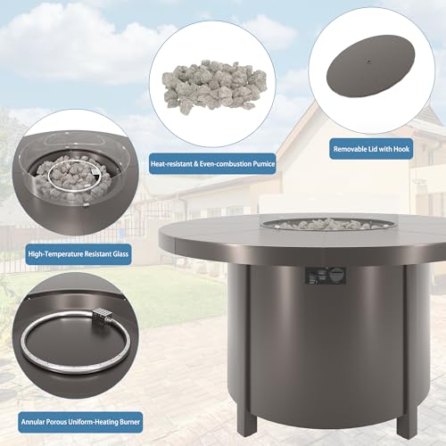 RTDTD 48" Round Propane Fire Pit Table,55000 BTU Round Firepit,Outdoor Fire Pit with Fire Glass,Lid,Waterproof Cover and Blue Glass Stone for Backyard,Garden,Patio