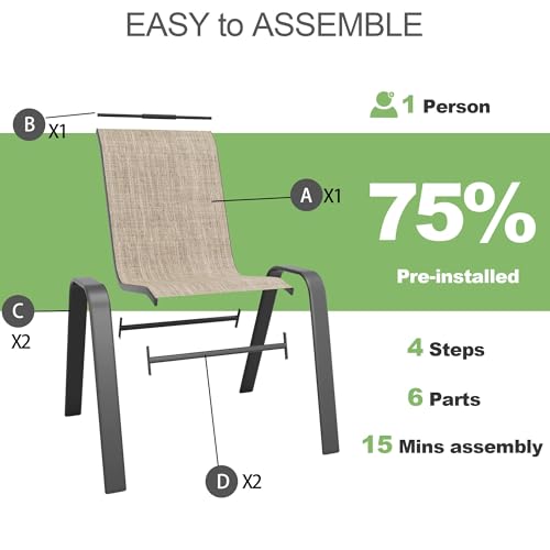 CHINNLUU Outdoor Patio Chairs Set of 6 Stackable Dining Chairs All-Weather Textilene Furniture Set for Pool Deck, Backyard, Garden