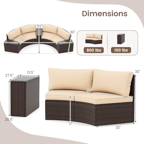 Tangkula 5 Pieces Patio Furniture Set, PE Rattan Half-Moon Curved Sectional Sofas with Tempered Glass Top Side Tables, Outdoor Conversation Set for Porch, Backyard & Poolside (Beige)