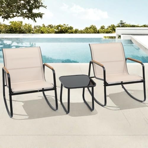 DWVO Patio Rocking Bistro Set, 3 Piece Durable Textilene Outdoor Furniture Set, Wooden Armrest Rocker Chairs & Glass Table for Garden, Balcony & Poolside, Beige