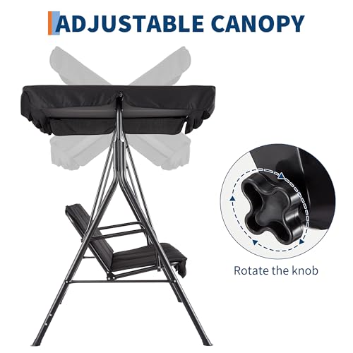 3-Seat Outdoor Patio Porch Swing with Stand, Adjustable Canopy & Thick Waterproof Cushions, Steel Frame Swing Outdoor Chair for Backyard, Front Porch, Lawn, Garden