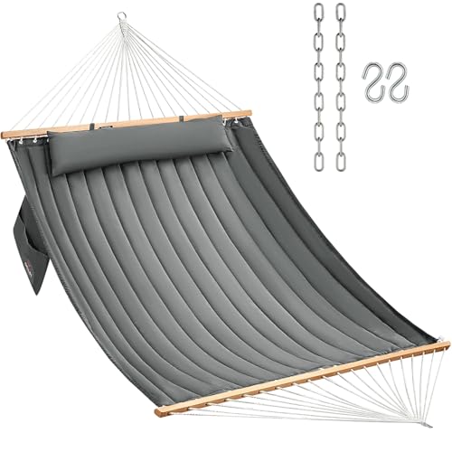 CHULIM Double Quilted Fabric Hammock with Hardwood Spreader Bars and Pillow 450 LBS Capacity 2 Person Large Hammock for Outdoor Patio Backyard Poolside - Dark Grey