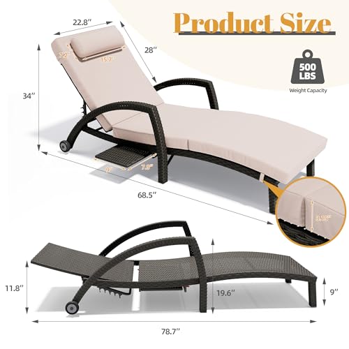TellMagi Outdoor Chaise Lounge Chairs Set of 2, 5 Levels Adjustable Wicker Patio Pool Lounge Chair with Cushion, Pillow, Side Tray and Rubber Wheels for Backyard Deck Porch Outside (Khaki)