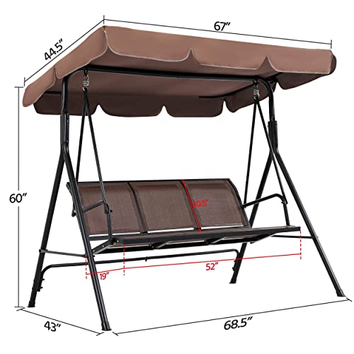 Yaheetech Outdoor Porch Swing Chair for Adults, 3-Seat Patio Hanging Swing w/Adjustable Canopy, Armrests, Porch Swing Sets w/Stand, Breathable Fabric for Backyard/Garden/Balcony, Dark Brown