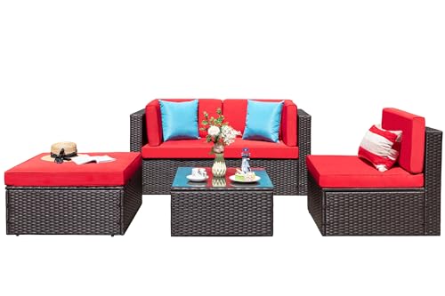 Vongrasig 5 Pieces Small Patio Furniture Sets, All-Weather Outdoor Sectional Patio Sofa Wicker Rattan Patio Seating Sofas with Cushion and Glass Table (Red)