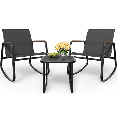 YITAHOME 3 Piece Outdoor Rocking Bistro Set, Textilene Patio Furniture Set with Wooden Armrests, Porch Chairs Set with Glass Table for Garden, Lawn, Poolside, Balcony, Dark Gray