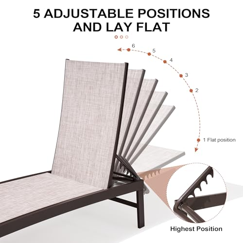 Crestlive Products Lounge Chair Outdoor Set of 2, Metal Pool Chaise Lounge Chairs, Adjustable Five-Position Tanning Recliner, All Weather for Patio, Beach, Yard, Pool (Beige)
