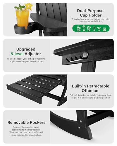 YEFU Outdoor Rocking Chairs Set of 2, Adirondack Chair with Retractable Ottoman, Adjustable Adirondack Rocking Chair,Rockings Chairs Outside,Weather Resistant,for Patio,Porch,Lawn,Heavy Duty,Black