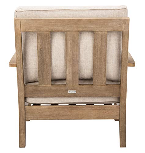 SAFAVIEH Couture Outdoor - Martinique Armchair - Natural & Beige - Solid Wood - Slatted Coastal Design - Ideal for Patio, Deck, Porch, Backyard, 18.3" Seat Height (CPT1011A)