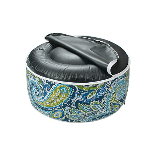 Magpie Fabrics Indoor/Outdoor Inflatable Stool Ottoman Pouf, Water Repellent Round Footrest Footstool D20 xH9, Portable for Patio Garden Camping or Home, Paisley Lapis Green