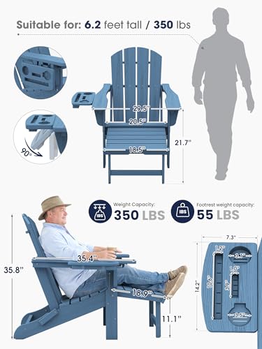 KINGYES Adjustable Folding Adirondack Chair with Footrest & 4-in-1 Multi-Functional Armrest Organizer, HDPE Foldable Recliner Adirondack Chair with Pull-Out Ottoman, Blue