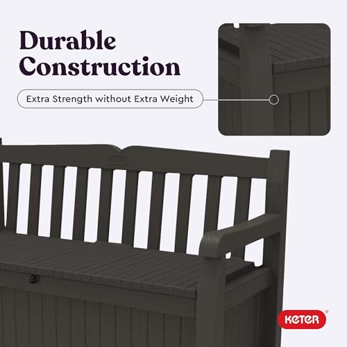Keter Solana 70 Gallon Storage Bench Deck Box for Patio Furniture, Front Porch Decor and Outdoor Seating – Perfect to Store Garden Tools and Pool Toys, Brown/Brown