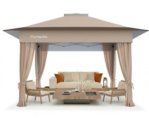 Amada 13x13 Pop Up Outdoor Gazebos on Clearance for Backyard & Patio Furniture with Wheeled STO-N-Go Cover Bag, Carpa Pop Up Tent with Shelter Mosquito for Patio, Lawn, Garden(13×13ft, Khaki)
